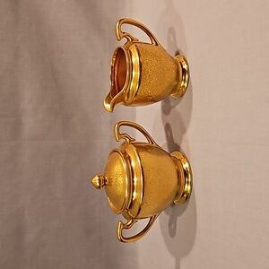 Pickard Rose & Daisy Gold Creamer & Sugar Bowl w/Lid